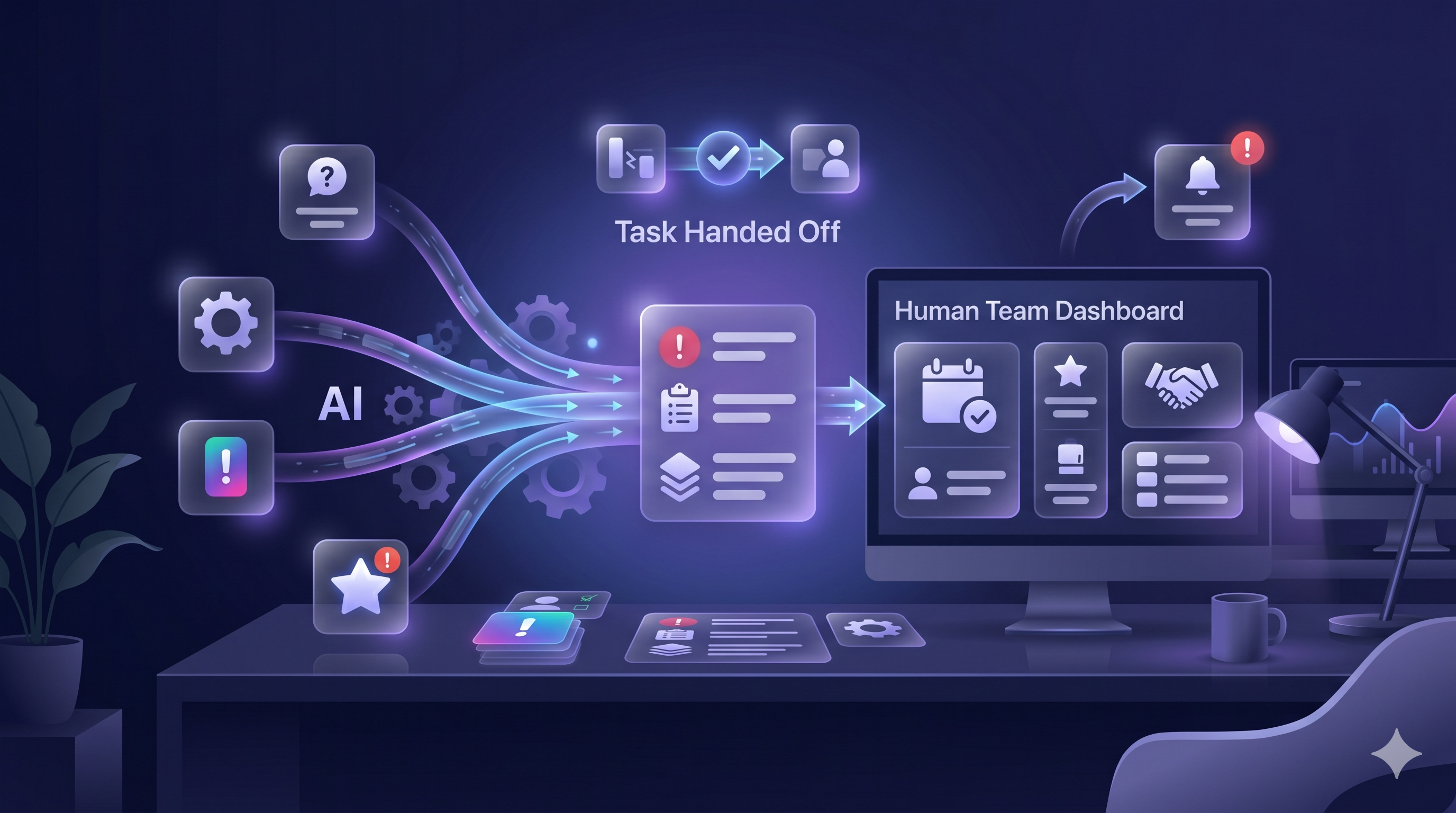 AI employee handing off organized work and notes to a human operator.