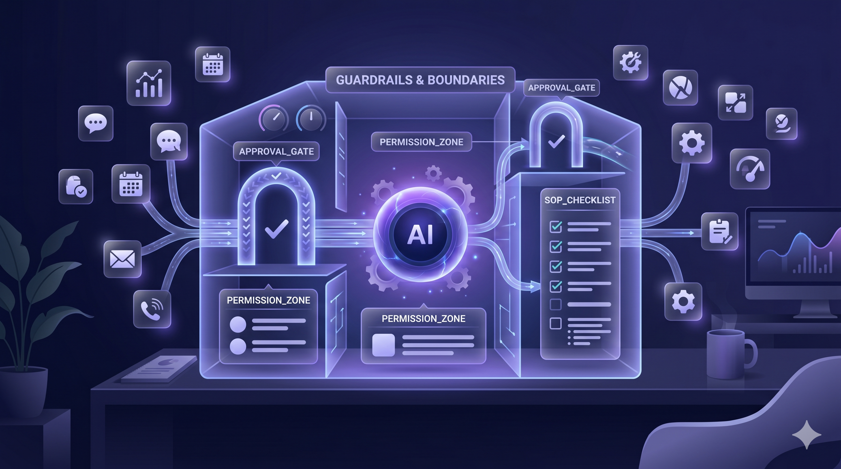AI agent surrounded by rules, approval gates, and permission boundaries before using tools.